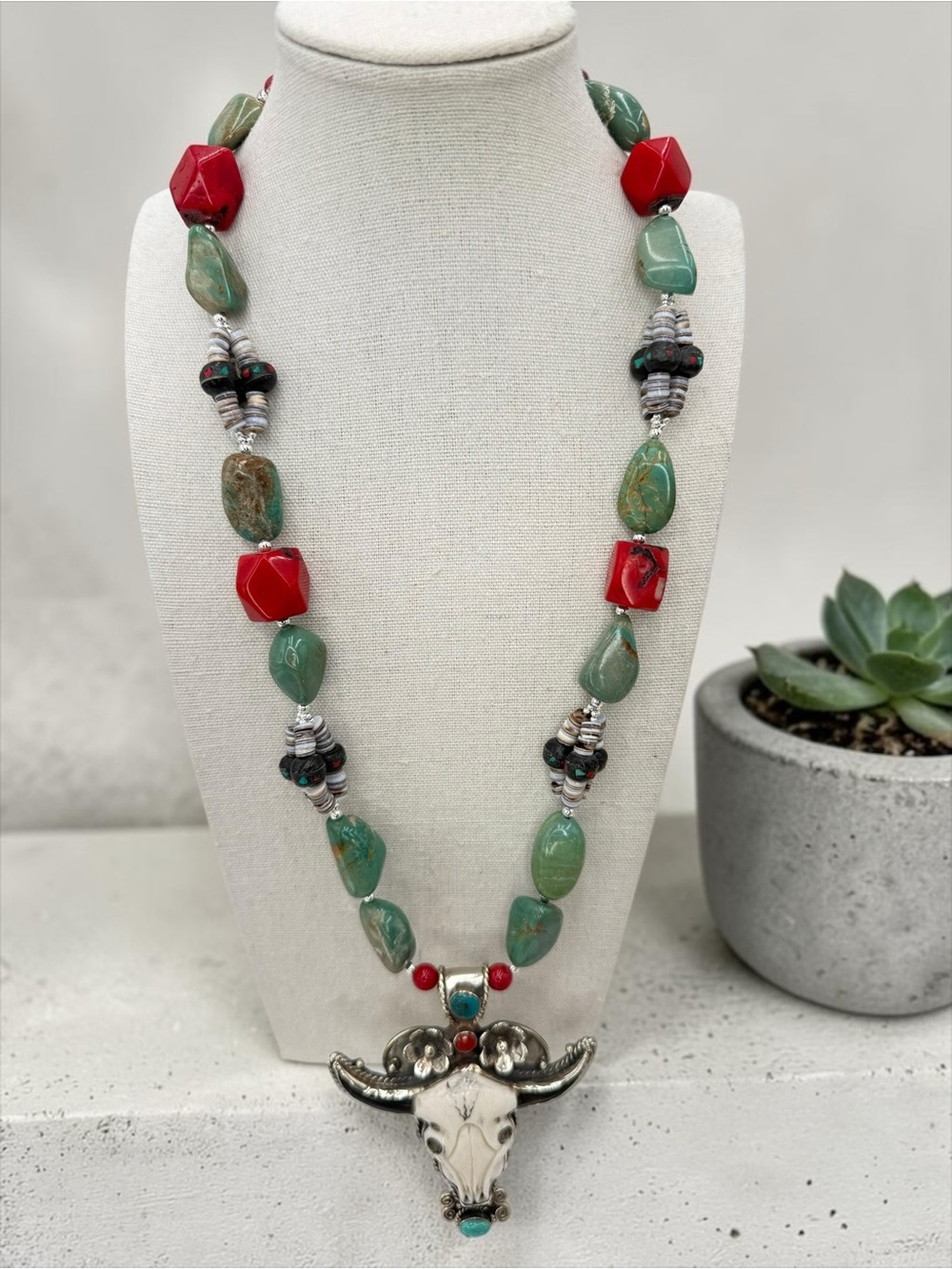Artisan Turquoise Coral Buffalo Skull Statement Necklace 22” One Of A kind 131gr